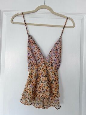 ASTR the Label Yellow Floral Tiered Ruffle Cami V Neck Open Back Tank Top